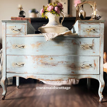Load image into Gallery viewer, French Country Blue Chateau Dresser: Antique Refinished Buffet Vanity