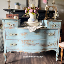Load image into Gallery viewer, French Country Blue Chateau Dresser: Antique Refinished Buffet Vanity
